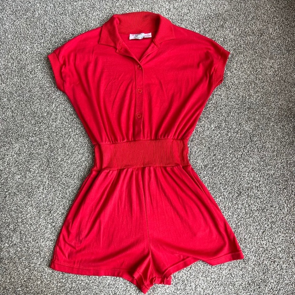 Rompin Rage Pants - Rompin Rage Vintage 80s 90s Red Button Up Shorts Romper, Size Large